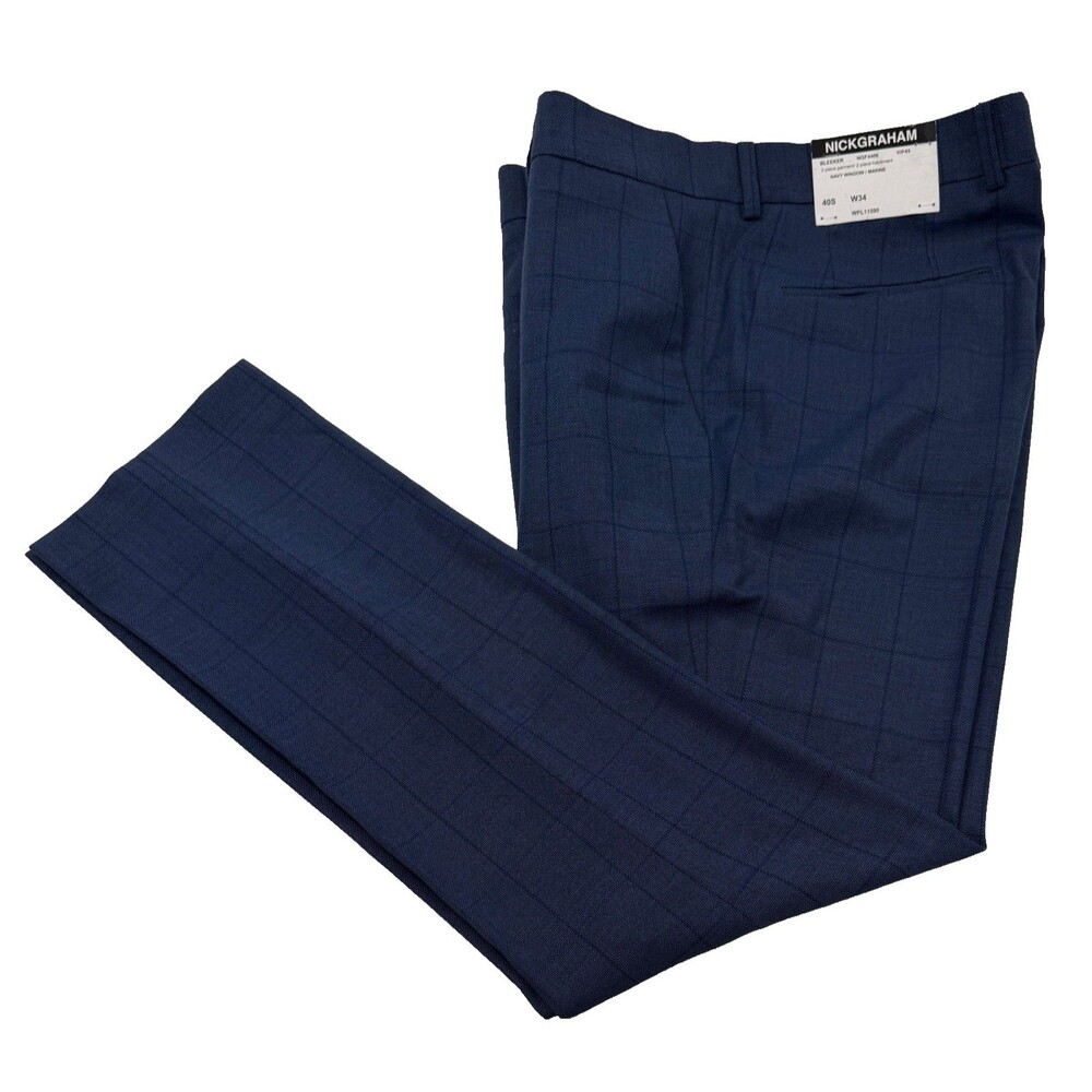 $395 NEW NICK GRAHAM MENS 34X30 NAVY WINDOWPANE CHECK TROUSER DRESS PANTS SLACKS